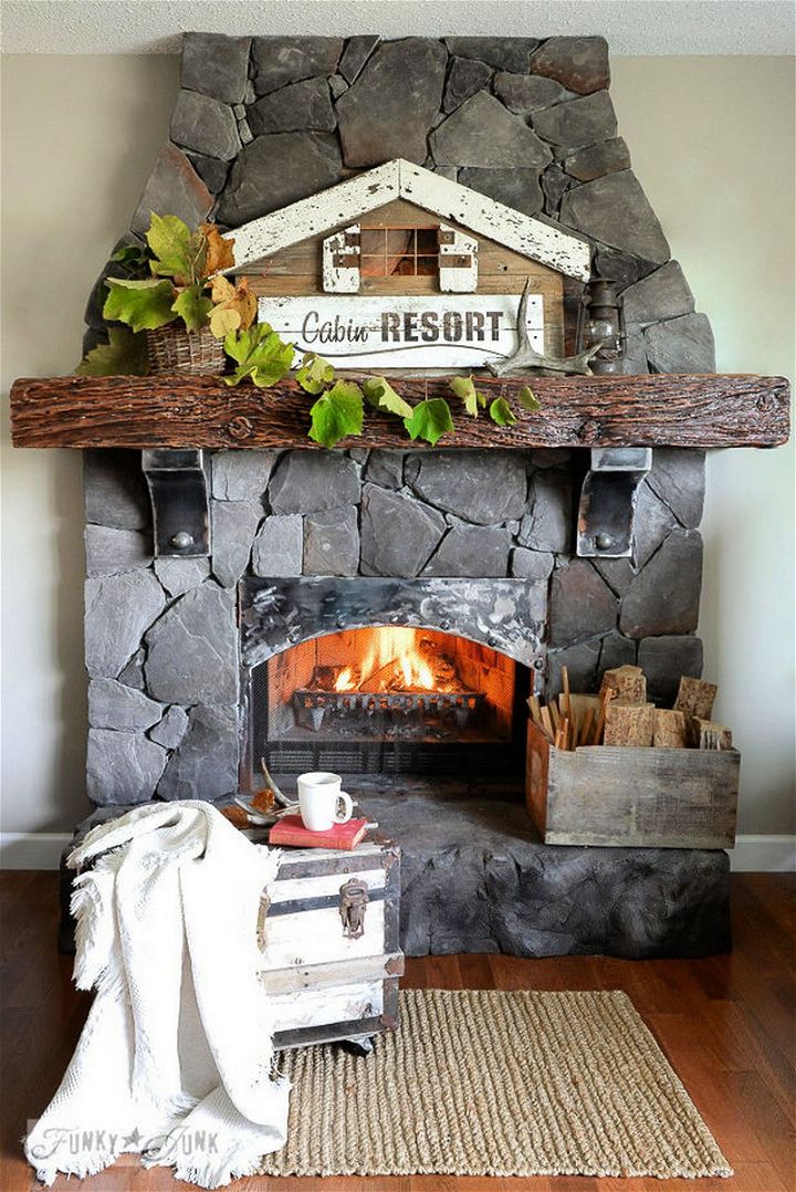 Cabin resort sign above fireplace