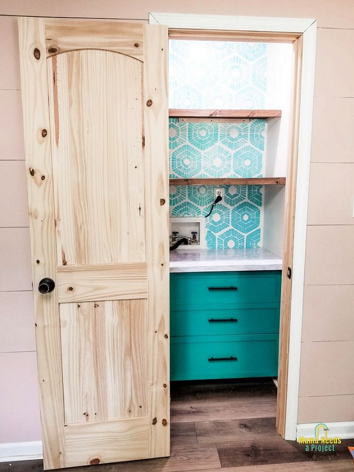 Small DIY Pantry Closet with shelves drawers