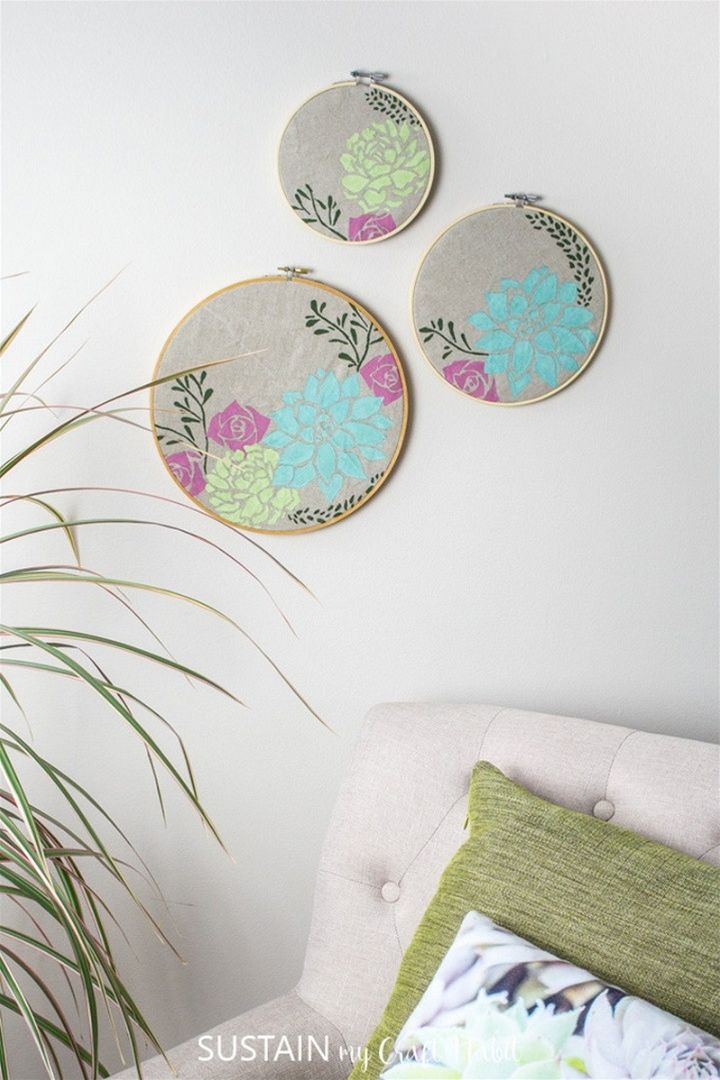 Stencilled Succulent Hoop Art