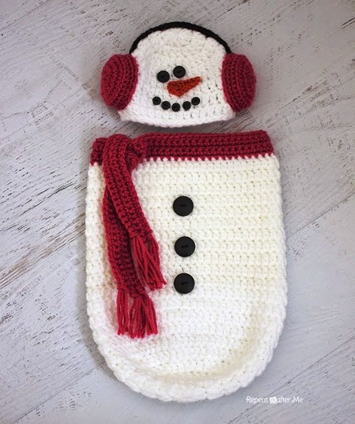 Crochet Snowman Ear Muff Hat And Cocoon