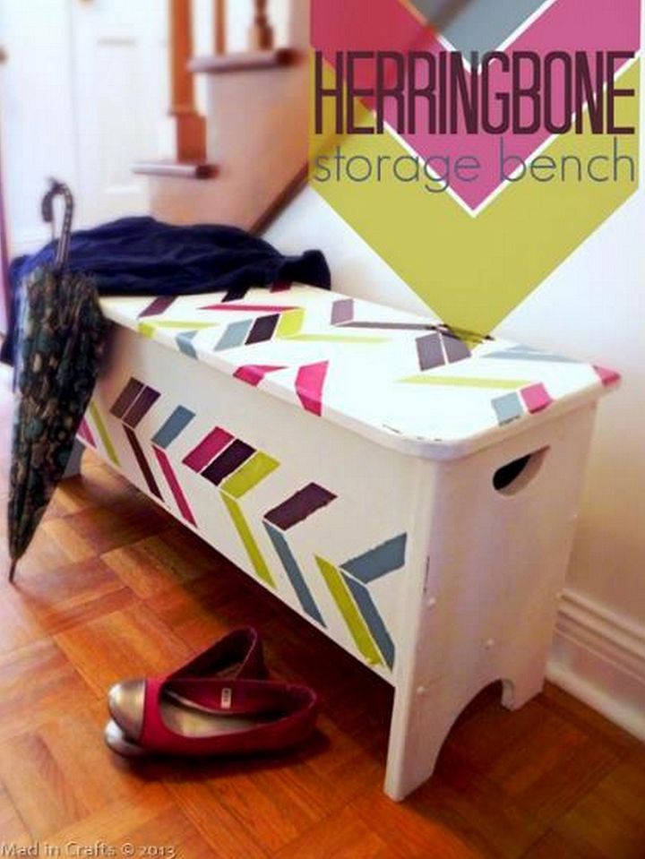 Stenciled Herringbone Entryway Storage Bench