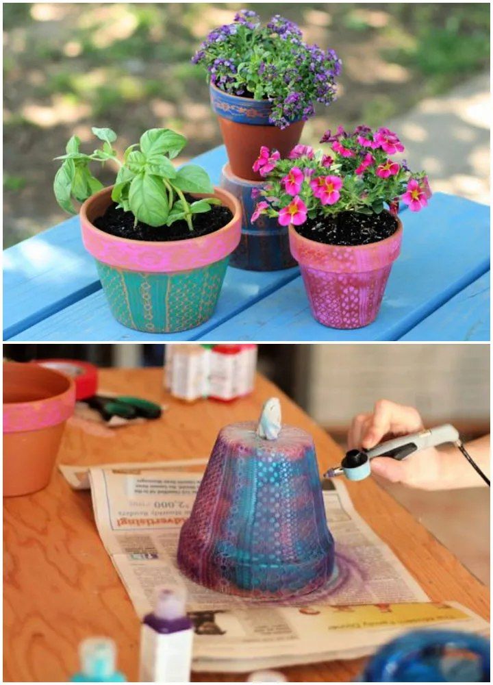 Lacy Airbrushed Flower Pots on Budget