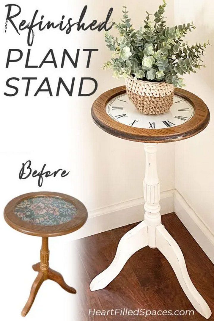 Refinished Wood Plant Stand With A DIY Vinyl Clock Tabletop