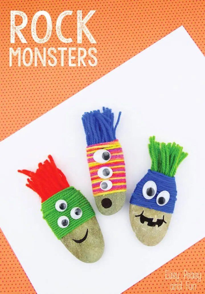 DIY Yarn Wrapped Rock Monsters