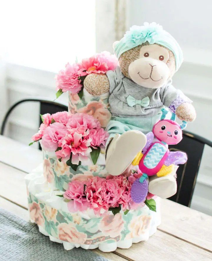 Pink Floral Diaper Cake For Girls