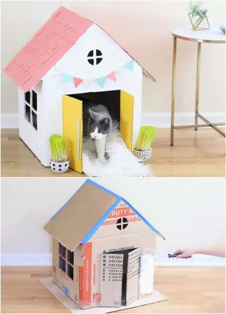 Turn Old Boxes Into An Adorable Cat House