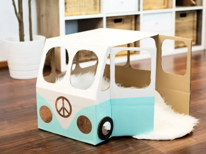 VW Bus Cat House Out Of Cardboard