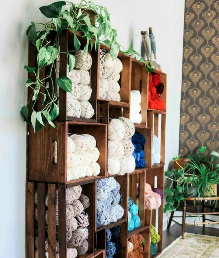 Yarn Storage Shelves Using Wooden Crates