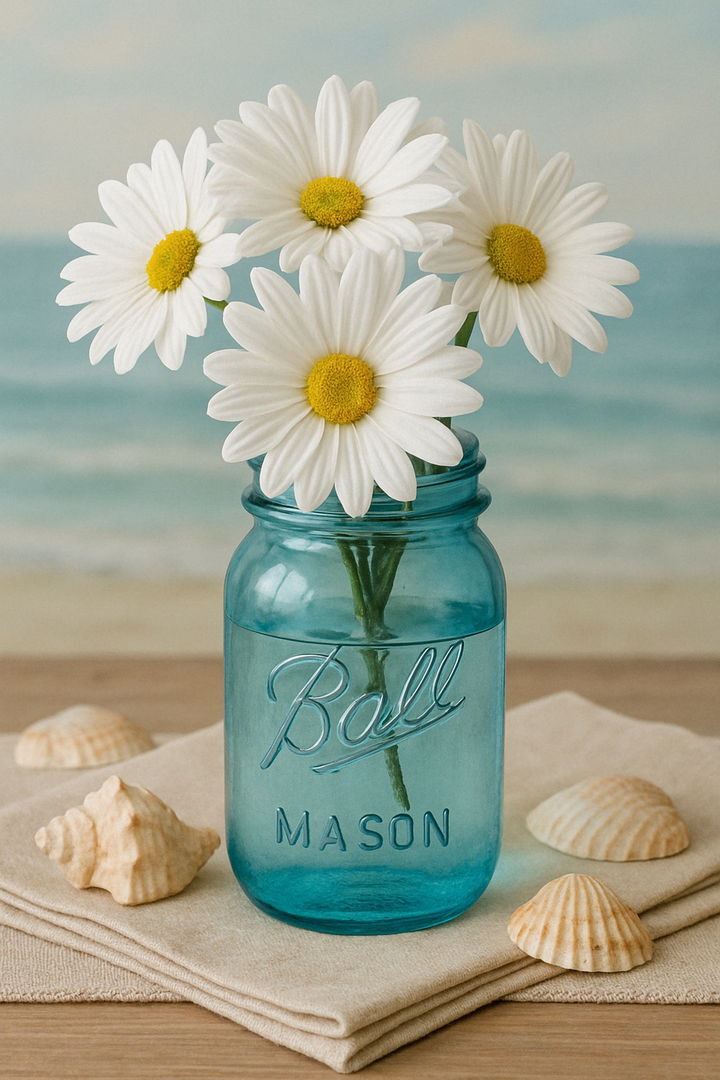 Blue Mason Jars with White Daisies