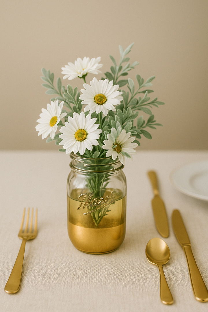Gold Dipped Mason Jars with Daisies