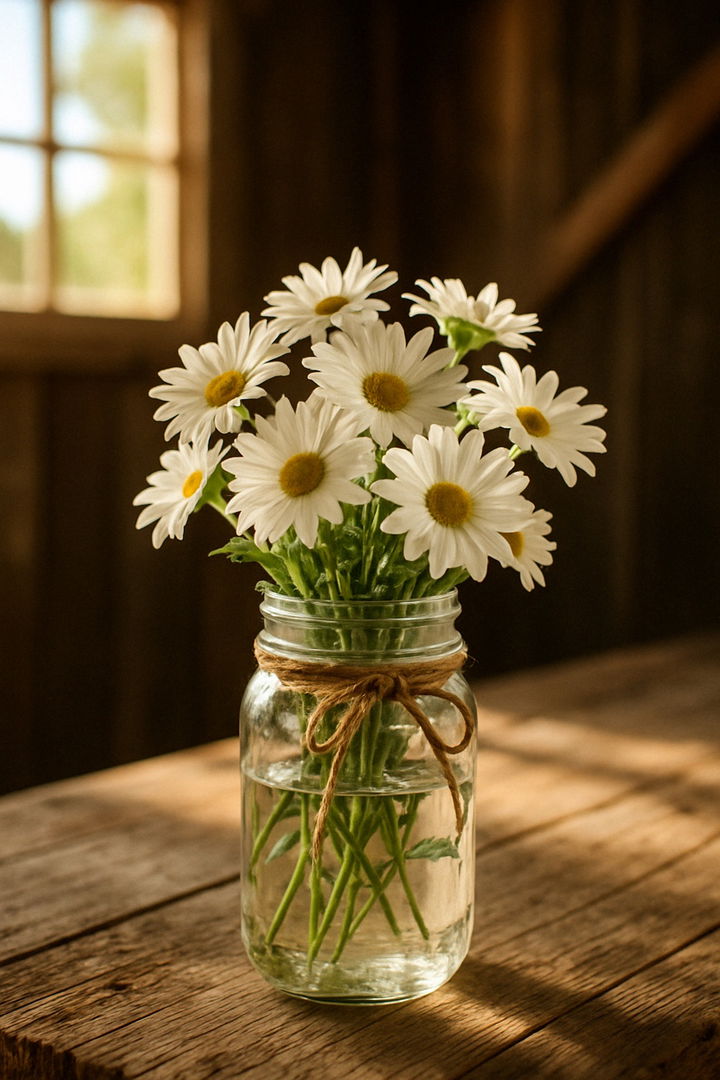 Twine Wrapped Mason Jar with White Daisies