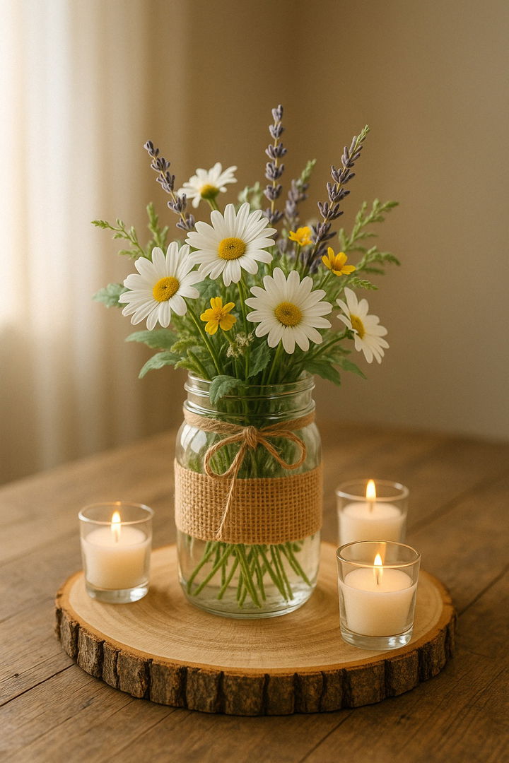 Wood Slice Base with Burlap and Daisies
