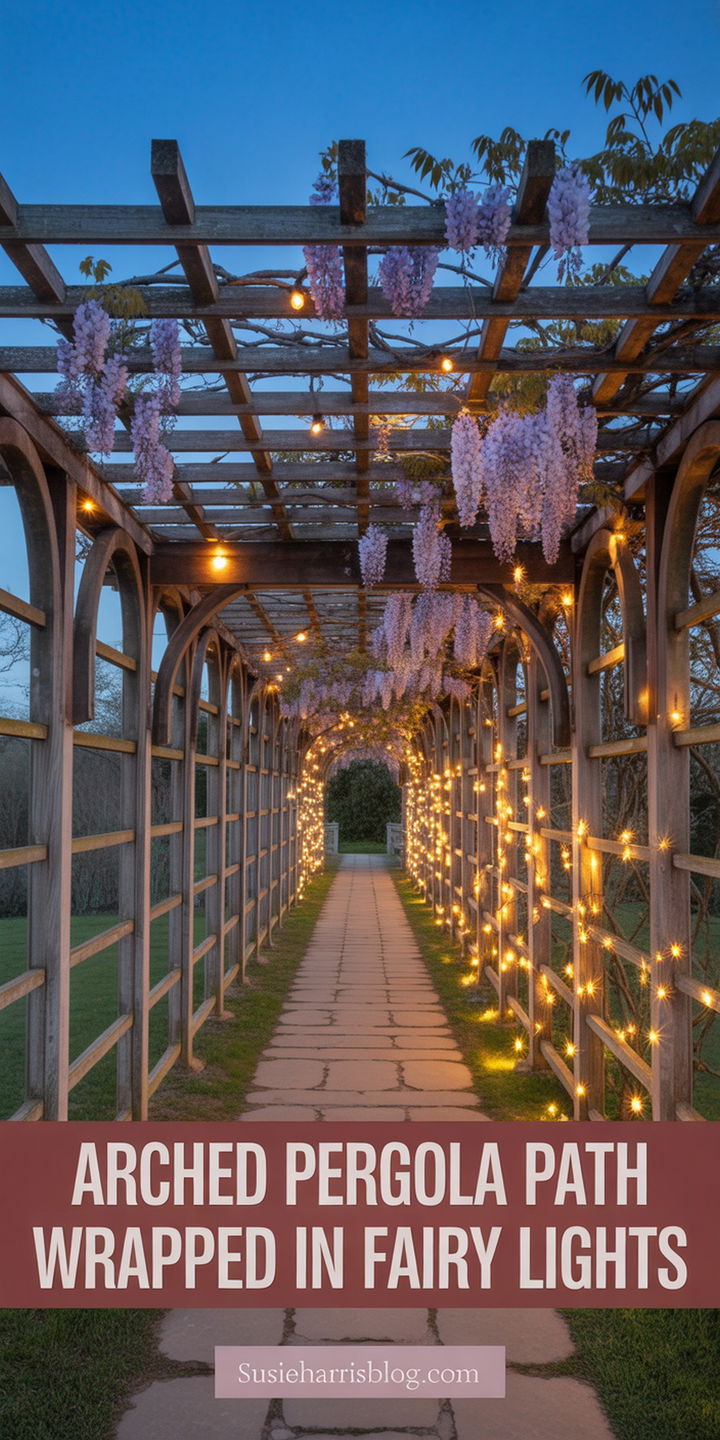Arched Pergola Path Wrapped In Fairy Lights