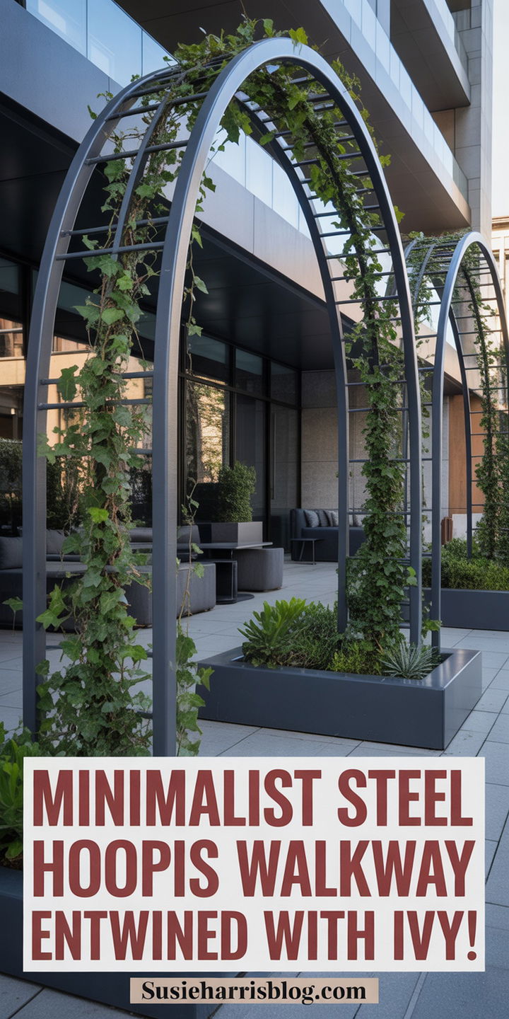 Minimalist Steel Hoop Trellis Walkway Entwined With Ivy