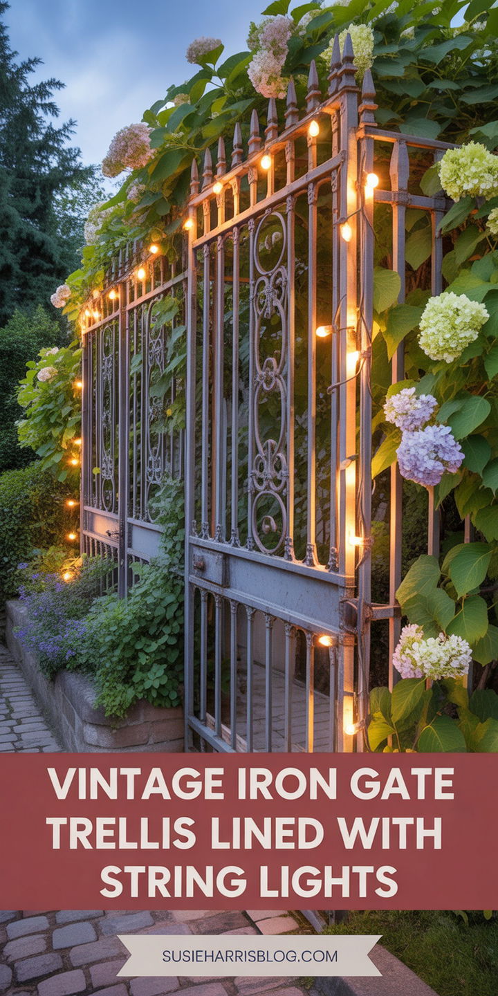 Vintage Iron Gate Trellis Lined With String Lights
