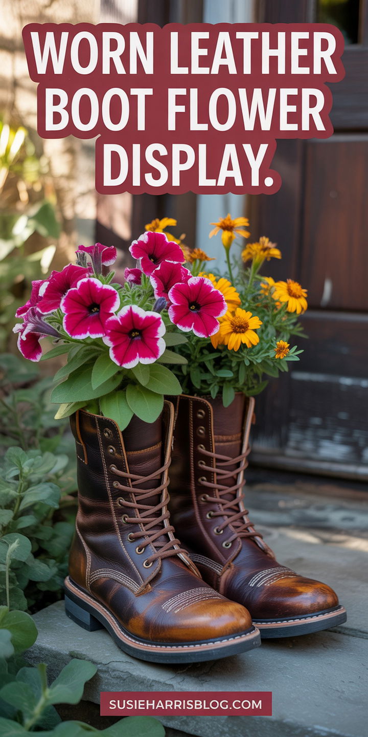 Worn Leather Boot Flower Display