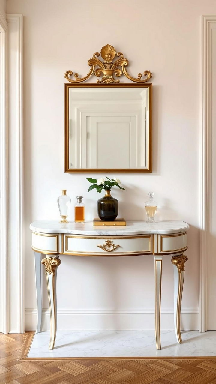 Curved Console with Gilded Edge and “Marble” Top
