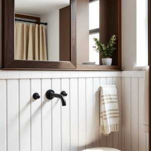 Farmhouse Bath Refresh Half Wall Paneling Framed Mirror and Matte Fixtures