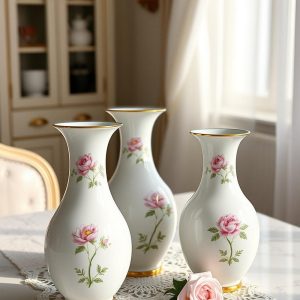 Painted Porcelain Vases with Decals and Gilded Rims