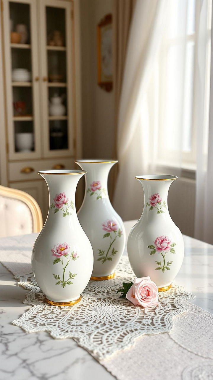 Painted Porcelain Vases with Decals and Gilded Rims