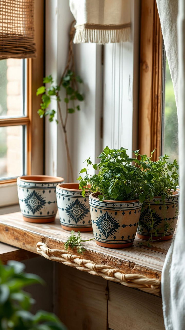 Painted Terracotta Herb Pots With Tribal Motifs