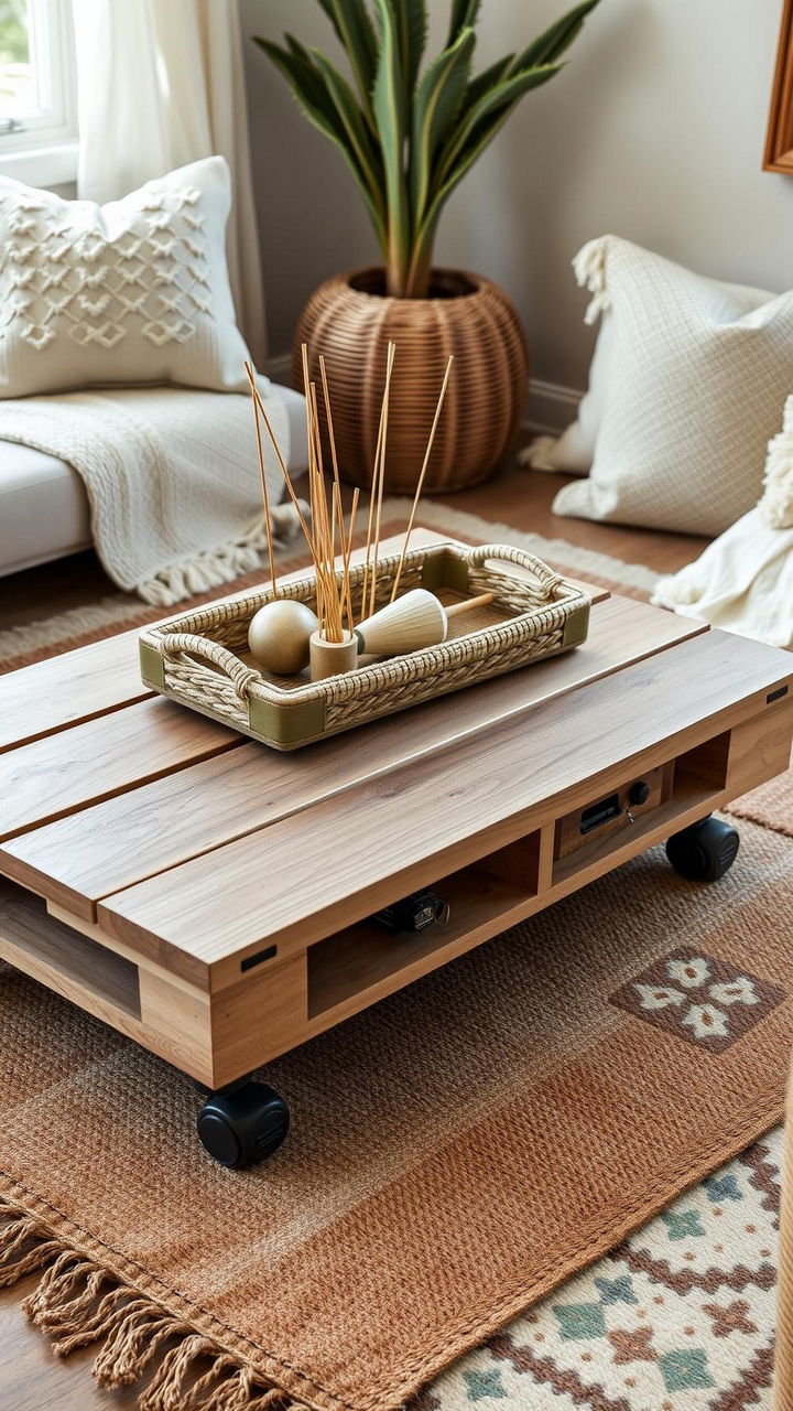 Pallet Wood Low Coffee Table With Casters
