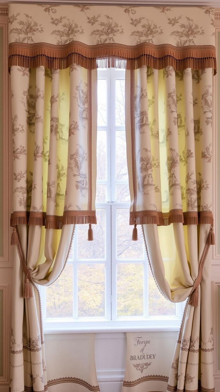 Toile Curtains with Tassel Tiebacks and a Scroll Pelmet
